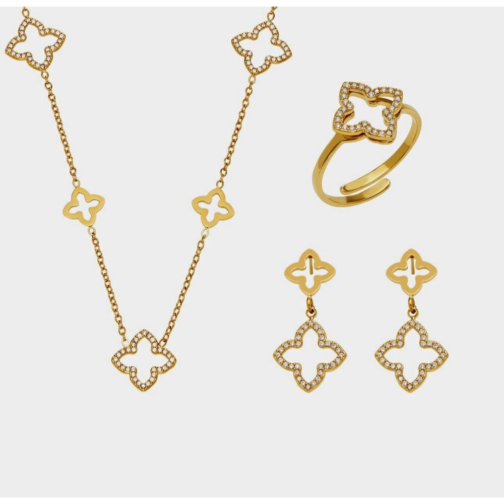 Gold Tone Stainless Steel Clover Jewelry Set - Necklace, Earrings & Ring